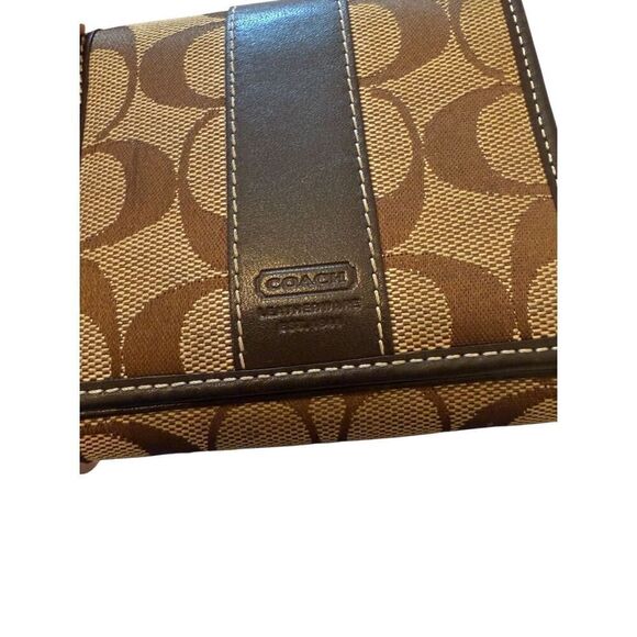 Coach Womens Brown Signature C Logo Leather Canvas Card Snap Bifold Wallet Small - Picture 2 of 10